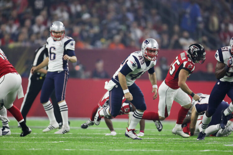 A pregame image of Joe Cardona during the Patriots Super Bowl appearance. Photo by Dwight Darian.