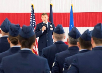 Air Force Lt. Col. James Reeman, commander of the 138th Space Control Squadron, speaks during the stand up ceremony last month. Submitted photo.