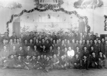 A group photo taken Dec. 1945 of Hansult Sr.'s Easy Company of the 232nd Infantry. He is in the front row slightly right of center.
