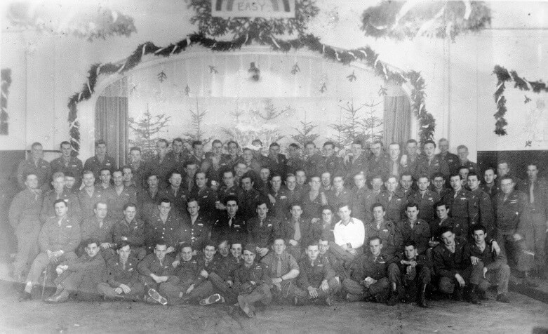 A group photo taken Dec. 1945 of Hansult Sr.'s Easy Company of the 232nd Infantry. He is in the front row slightly right of center.