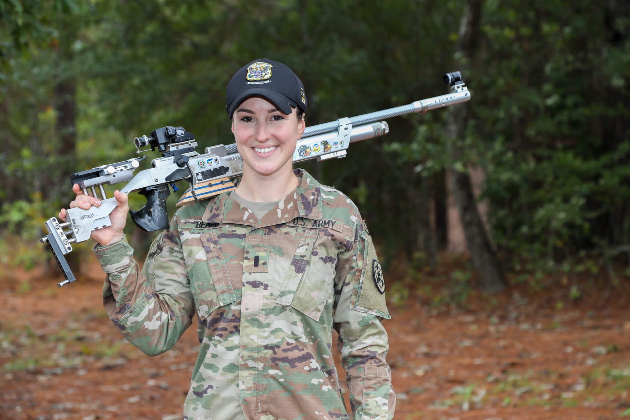 Three U.S. Army Reserve soldiers, who train at the U.S. Army Marksmanship Unit on Fort Benning. Georgia, are currently seeking a spot on Team USA for the 2020 Olympics in Tokyo, Japan. 1st Lt. Amber English and 1st Lt. Sarah Beard (pictured) are assigned to the U.S. Army World Class Athlete Program and attached to the USAMU. Staff Sgt. Sandra Uptagrafft is a Soldier with the 98th Training Division and utilizes the USAMU ranges for training.