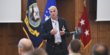 Gronski speaks with leaders from the U.S. Army NATO Brigade, U.S. Army Europe and other NATO Commands while serving as the Deputy Commanding General of National Guard for U.S. Army Europe. Photo by Tony Sweeney.