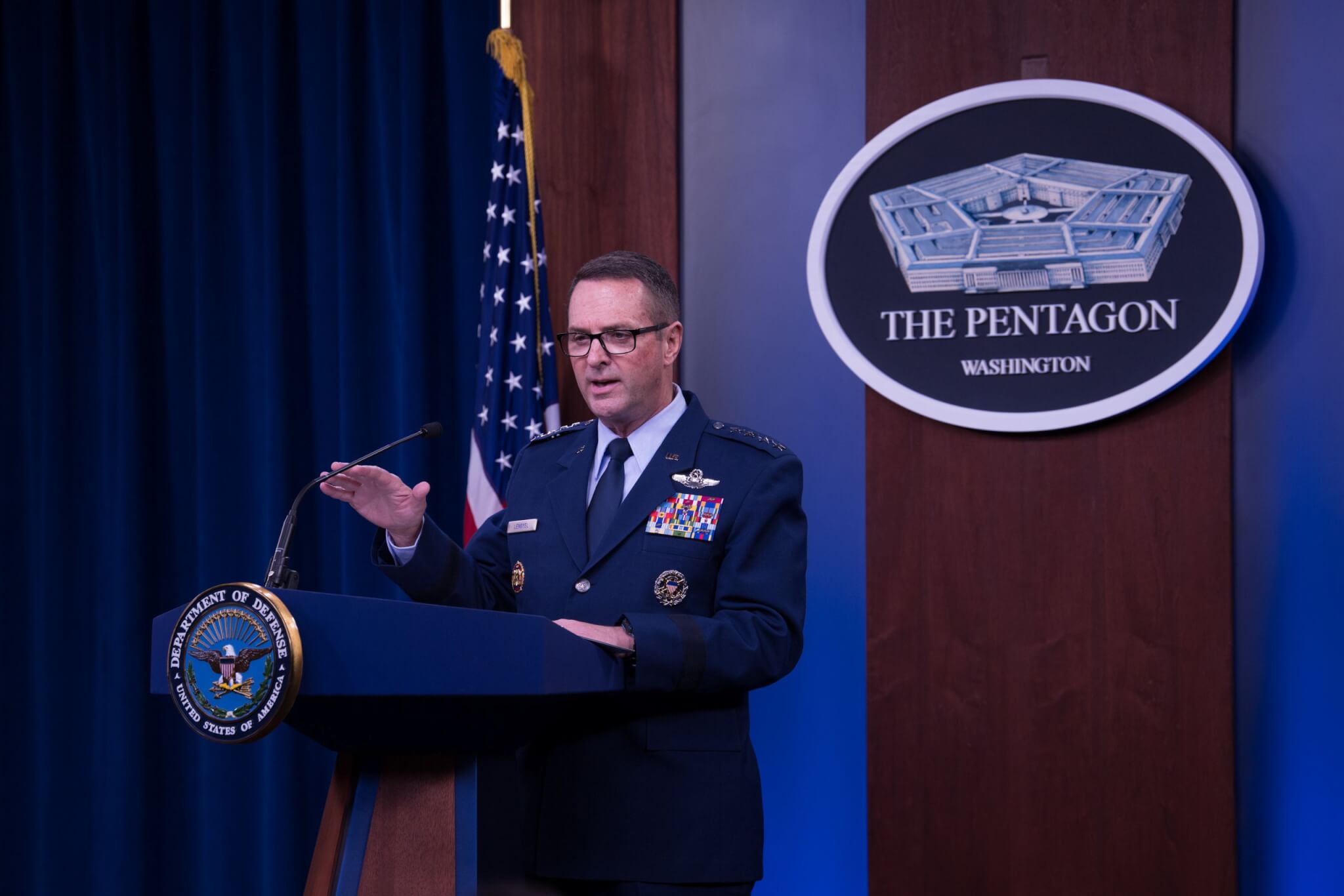 Chief of the National Guard Bureau Air Force Gen. Joseph L. Lengyel speaks to members of the press at the Pentagon Briefing Room. Photo by Army Staff Sgt. Nicole Mejia.