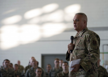 Air Force Col. David Johnson, commander of the 121st Air Refueling Wing, speaks to Airmen about suicide prevention during a "resilience tactical pause' day at Rickenbacker Air National Guard Base in Columbus, Ohio, Sept. 14, 2019. The National Guard has launched or participated in suicide prevention initiatives throughout 2019 amid a recent Department of Defense report that underscores the significant challenges the Guard faces in suicide prevention. (U.S. Air National Guard photo by Staff Sgt. Dustin West)