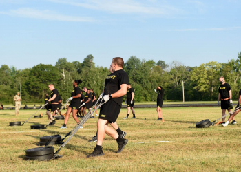 Army Reserve Soldiers pull a 90-pound sled during the Sprint-Drag-Carry event, one of six test events for the Army Combat Fitness Test, at Operation Ready Warrior exercise, at Fort McCoy, Wisconsin,  in 2020. ORW, led by the 78th Training Division, was the Army Reserve’s first collective small-scale training exercise since the start of COVID-19. Photo by Master Sgt. Anthony L. Taylor.
