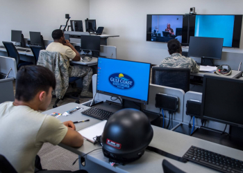 Airmen take a Gulf Coast State College online course at Tyndall Air Force Base, Florida in 2019. Photo by Senior Airman Anthony Nin Leclerec.