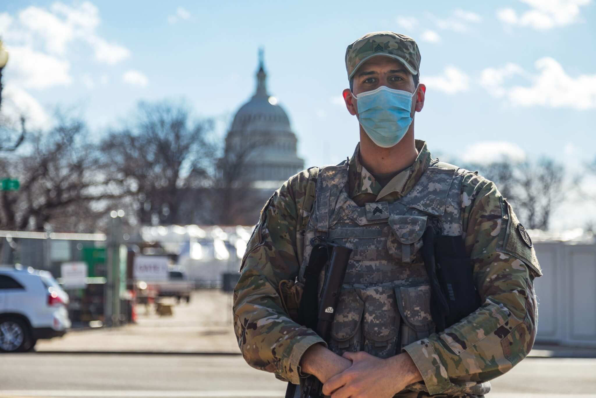 Sgt. Paulo Henriques, a calvary scout with the New Jersey Army National Guard’s Troop B, 1st Squadron 102nd Cavalry Regiment, provides sector security near the U.S. Capitol in Washington, D.C. The National Guard has been requested to continue supporting federal law enforcement agencies with security through mid-March. Photo by Sgt. Mathew Rosado