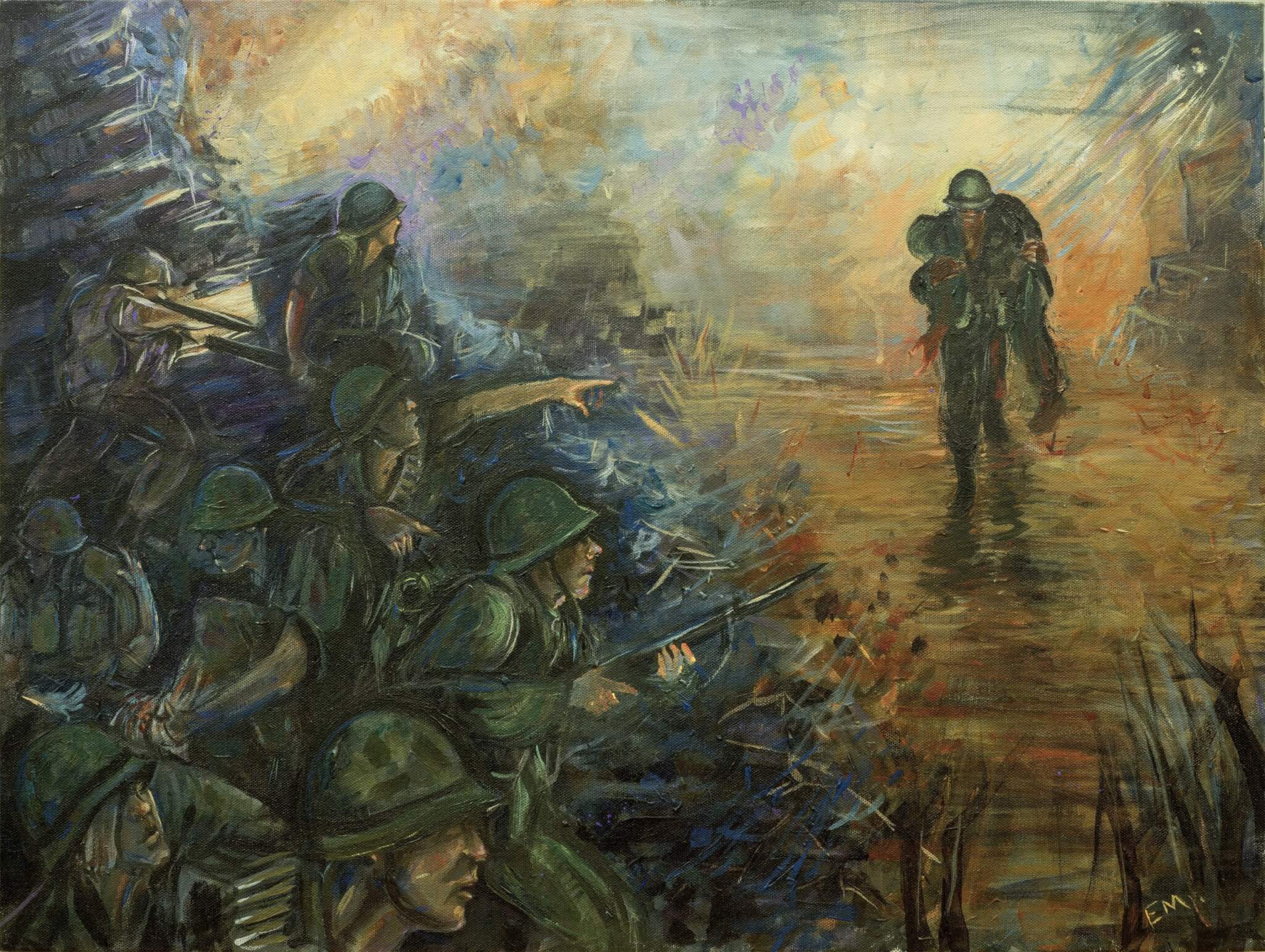 Acrylic painting of retired Sgt Maj. John L. Canley in Hue City. U.S. Marine Corps illustration by Sgt. Elize McKelvey.