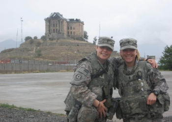 1st Lt. Amanda Self and 1st Lt. Marie Watkins pose for a photo while deployed to Kabul, Afghanistan in 2010. Photo courtesy of Maj. Marie Watkins.