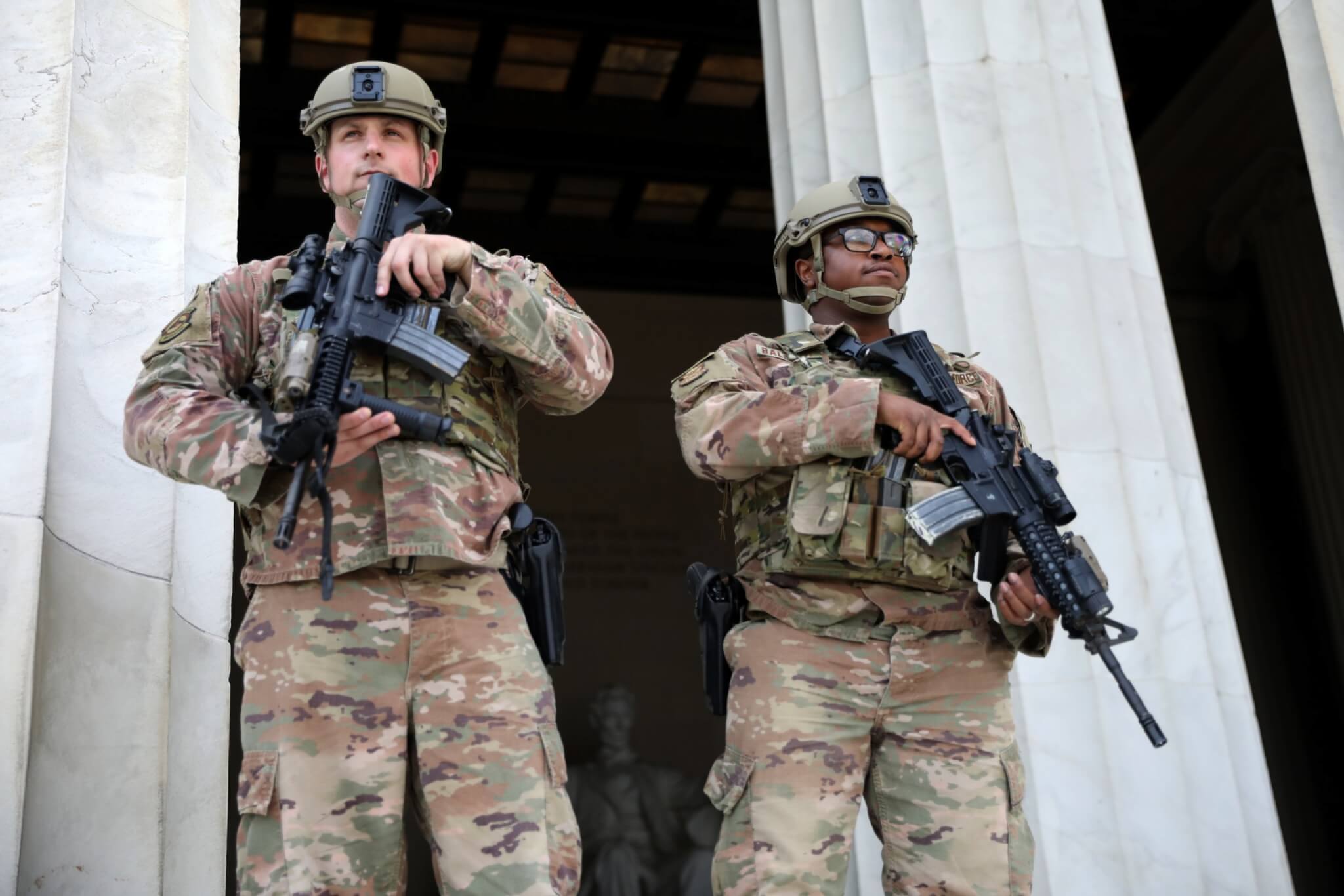 District of Columbia National Guard airmen stand guard at the Lincoln Memorial in Washington, D.C. in response to protests and riots after the death of George Floyd. U.S. Army photo by Kevin Valentine.