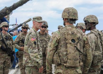 Gronski meets with soldiers at Vaziani Airfield in 2018. Photo by 1st Lt. Ellen C. Brabo.