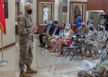 Brig. Gen. Robert S. Cooley, former chief of staff, U.S. Army Reserve Command, speaks at his farewell ceremony at Marshall Hall on Fort Bragg, N.C., Aug. 20. Cooley served as the chief of staff for the United States Army Reserve Command for approximately 18 months.
