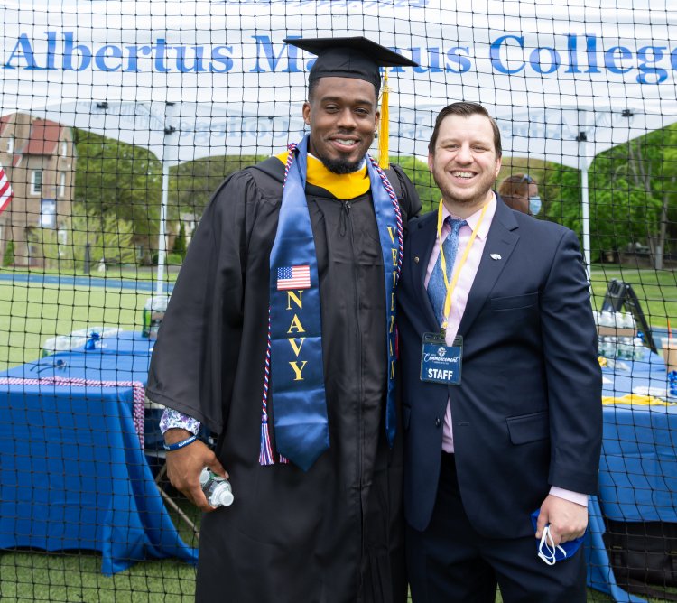 Tom Noonan (right) with student Jiron Cummings (left). An Army veteran, Noonan works with military-affiliated students to ensure their success. Image courtesy of Albertus Magnus.