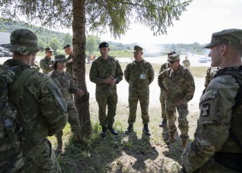 Maj. Gen. Johanna Clyborne, assistant adjutant general of the Minnesota National Guard, speaks to troops completing the Croatian Armed Forces Best Soldier Competition at the Eugene Kvaternik Military Training Area in Slunj, Croatia on June 16, 2021. Sgt. Jakob Ellingson, with the 114th Transportation Company, Minnesota National Guard participated in the CAF Best Soldier Competition as part of the Minnesota National Guard’s state partnership program. (U.S. Army National Guard photo by Sgt. Samantha Hircock)