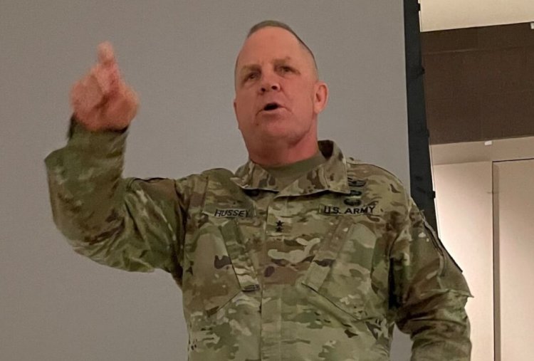 Maj. Gen. John F. Hussey, commanding general of the 200th Military Police Command, speaks to his soldiers at Fort Gillem, Georgia, at a meeting to discuss the humane treatment of detainees.