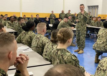 Rear Adm. John Schommer, Commander, Navy Reserve Forces Command (CNRFC), speaks to sailors at Navy Reserve Center Baltimore during an all-hands event to discuss reserve force priorities. Photo by Mass Communication Specialist 1st Class Orlando Quintero