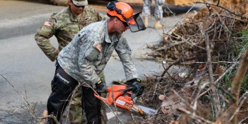 Citizen-Soldiers of the Puerto Rico Army National Guard 190th Engineering Battalion, along with the South Carolina National Guard, work on road clearance in PR-184 from Cayey to Patillas, Oct. 10, in the aftermath of Hurricane Maria. Photos by Sgt. Alexis Vélez