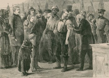 Vaccinating the poor of New York City against smallpox in 1872. In 1863, mass production of smallpox vaccine was developed, allowing for broad immunization of North American and European populations.