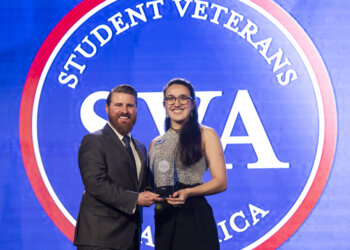 Oregon National Guardsman Spc. Angelina Trillo with Jared Lyon, national president & CEO of Student Veterans of America