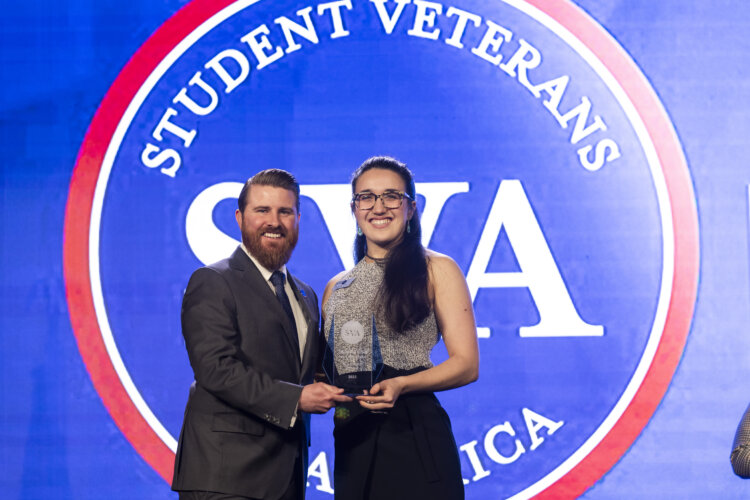 Oregon National Guardsman Spc. Angelina Trillo with Jared Lyon, national president & CEO of Student Veterans of America