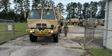 Soldiers assigned to the 1050th Transportation Battalion, 59th Troop Command, South Carolina National Guard, mobilized in support of Florida’s request for assistance through the Emergency Management Assistance Compact (EMAC) process, in anticipation of tropical storm Debby from Varnville, South Carolina, Aug. 4, 2024. U.S. Army Col. Denton Smith, commander, 59th Troop Command briefed Soldiers on safety and provided them with their mission brief prior to their departure. Roughly 70 Guardsmen, 30 high water vehicles with additional support and personnel are ready to support local and state agencies. (courtesy photo)