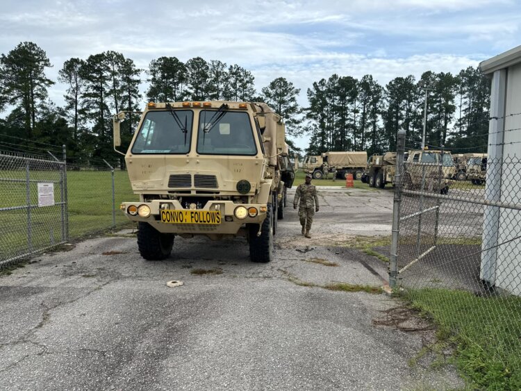 Soldiers assigned to the 1050th Transportation Battalion, 59th Troop Command, South Carolina National Guard, mobilized in support of Florida’s request for assistance through the Emergency Management Assistance Compact (EMAC) process, in anticipation of tropical storm Debby from Varnville, South Carolina, Aug. 4, 2024. U.S. Army Col. Denton Smith, commander, 59th Troop Command briefed Soldiers on safety and provided them with their mission brief prior to their departure. Roughly 70 Guardsmen, 30 high water vehicles with additional support and personnel are ready to support local and state agencies. (courtesy photo)