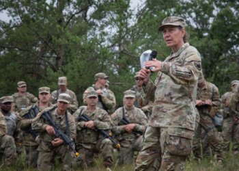 Lt. Gen. Jody Daniels visits with soldiers from the 412th Theater Engineer Command participating in the Combat Support Training Exercise, Fort McCoy, Aug. 14, 2023. Photo by Maj. Xeriqua Garfinkel