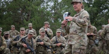 Lt. Gen. Jody Daniels visits with soldiers from the 412th Theater Engineer Command participating in the Combat Support Training Exercise, Fort McCoy, Aug. 14, 2023. Photo by Maj. Xeriqua Garfinkel