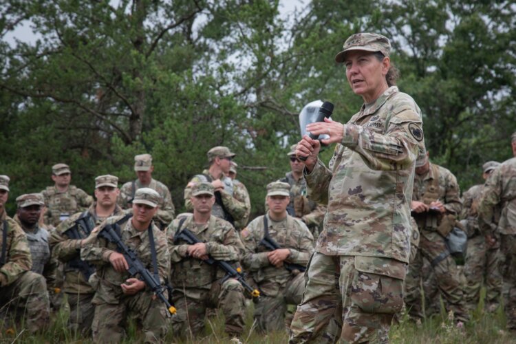 Lt. Gen. Jody Daniels visits with soldiers from the 412th Theater Engineer Command participating in the Combat Support Training Exercise, Fort McCoy, Aug. 14, 2023. Photo by Maj. Xeriqua Garfinkel