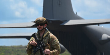 U.S. Air Force Airman from the 133rd Contingency Response Flight, Minnesota Air National Guard, scans the perimeter in Ceiba, Puerto Rico, April 9, 2025. The Airman is participating in a training exercise which is designed to provide scenarios that align with the Agile Combat Employment doctrine and tactical training opportunities.

(U.S. Air National Guard photo by Airman Kaci Brannan)