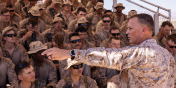 Lt. Gen. Leonard F. Anderson speaks to Marines with 1st Battalion, 23rd Marine Regiment, 4th Marine Division after completing Range 400 during ITX 3-25 on Marine Corps Air Ground Combat Center, Twentynine Palms, California, in June. Photo by Staff Sgt. Scott Jenkins