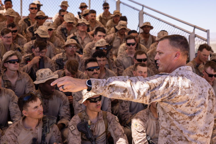 Lt. Gen. Leonard F. Anderson speaks to Marines with 1st Battalion, 23rd Marine Regiment, 4th Marine Division after completing Range 400 during ITX 3-25 on Marine Corps Air Ground Combat Center, Twentynine Palms, California, in June. Photo by Staff Sgt. Scott Jenkins