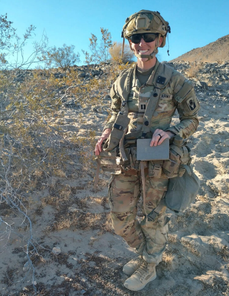 Florida Army National Guard Capt. Lauren Dickerson, an adjutant general officer with 53rd Brigade Support Battalion, 53rd Infantry Brigade Combat Team, was a certified mail carrier at the National Training Center in Fort Irwin, California. Photo by Staff Sgt. Justin Martin, 107th Mobile Public Affairs Detachment.