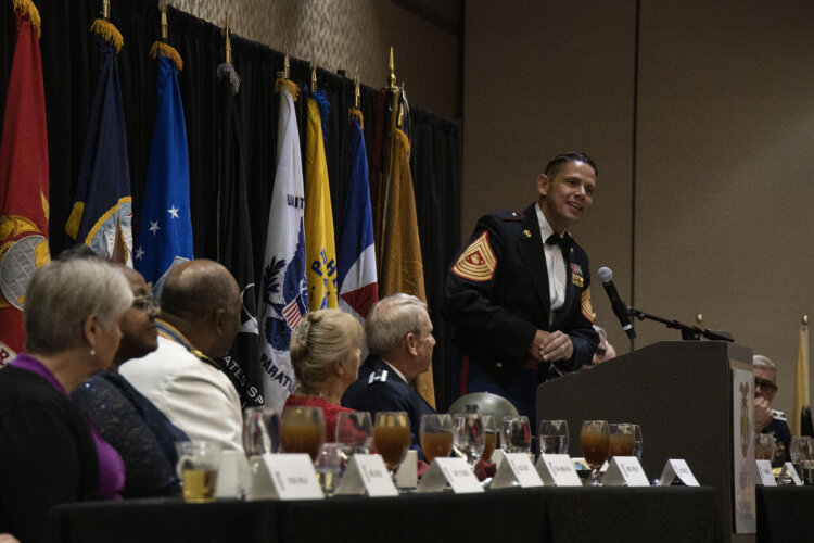 Ruiz, the 20th Sergeant Major of the Marine Corps, gives remarks during the Commander-in-Chief Banquet as part of the 2025 Military Order of the World Wars (MOWW) National Convention, Tucson. Photo by GySgt Jordan E. Gilbert