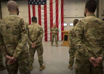 Members of the Connecticut Air National Guard, 103rd Air Control Squadron stand in formation during a briefing by Maj. Gen. Fran Evon, The Adjutant General of the Connecticut National Guard, 2021 in Orange, Connecticut. Photo by Master Sgt. Tamara R. Dabney