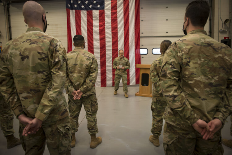 Members of the Connecticut Air National Guard, 103rd Air Control Squadron stand in formation during a briefing by Maj. Gen. Fran Evon, The Adjutant General of the Connecticut National Guard, 2021 in Orange, Connecticut. Photo by Master Sgt. Tamara R. Dabney