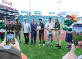 Cadets Desai Pranav and Jordyn Hoit were recognized at Fenway Park during a ceremony for the Army Reserve birthday. Courtesy photo.