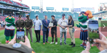 Cadets Desai Pranav and Jordyn Hoit were recognized at Fenway Park during a ceremony for the Army Reserve birthday. Courtesy photo.