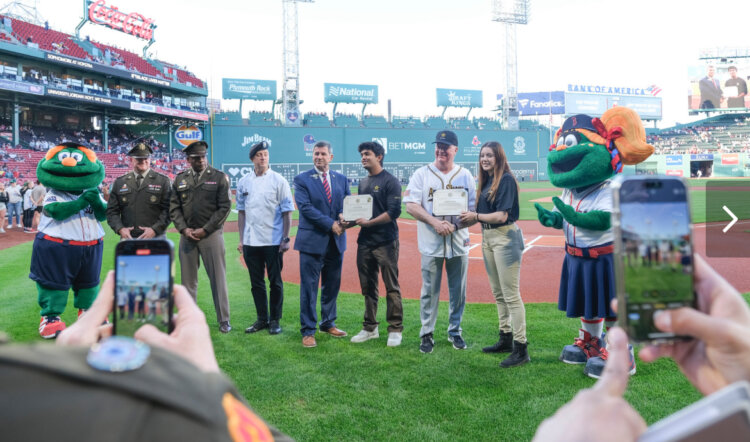 Cadets Desai Pranav and Jordyn Hoit were recognized at Fenway Park during a ceremony for the Army Reserve birthday. Courtesy photo.