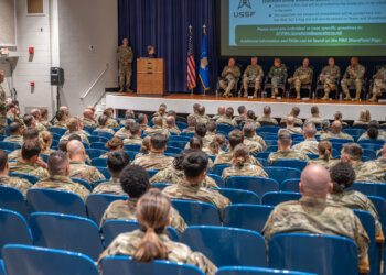 U.S. Space Force and Air Force Reserve senior leaders answer questions during a town hall for members of the 310th Space Wing on the service’s new part-time personnel model at the Peterson Space Force Base Event Center, Aug. 2, 2025. Photo by Tech. Sgt. Frank Casciotta