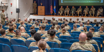 U.S. Space Force and Air Force Reserve senior leaders answer questions during a town hall for members of the 310th Space Wing on the service’s new part-time personnel model at the Peterson Space Force Base Event Center, Aug. 2, 2025. Photo by Tech. Sgt. Frank Casciotta