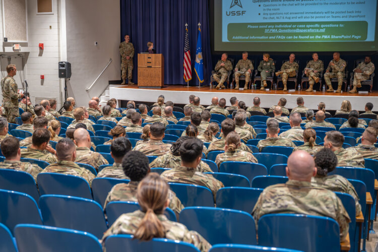 U.S. Space Force and Air Force Reserve senior leaders answer questions during a town hall for members of the 310th Space Wing on the service’s new part-time personnel model at the Peterson Space Force Base Event Center, Aug. 2, 2025. Photo by Tech. Sgt. Frank Casciotta