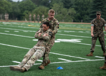 Sgt. Luke Cloward, a motor vehicle operator in the Utah National Guard’s 19th Special Forces Group (Airborne), participates in the Marine Combat Fitness Test during the 2025 National Guard Best Warrior Competition, July 14, 2025, at Camp Fretterd Military Reservation, Maryland. Photo by Spc. Shelby Bickmore