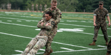 Sgt. Luke Cloward, a motor vehicle operator in the Utah National Guard’s 19th Special Forces Group (Airborne), participates in the Marine Combat Fitness Test during the 2025 National Guard Best Warrior Competition, July 14, 2025, at Camp Fretterd Military Reservation, Maryland. Photo by Spc. Shelby Bickmore