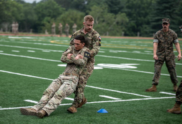 Sgt. Luke Cloward, a motor vehicle operator in the Utah National Guard’s 19th Special Forces Group (Airborne), participates in the Marine Combat Fitness Test during the 2025 National Guard Best Warrior Competition, July 14, 2025, at Camp Fretterd Military Reservation, Maryland. Photo by Spc. Shelby Bickmore