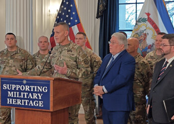 Governor Patrick Morrisey formally announced in December that the State of West Virginia has requested the posthumous award of the Purple Heart for U.S. Army Specialist Sarah Beckstrom and the same honor for Air Force Staff Sergeant Andrew Wolfe of the West Virginia National Guard for their service and sacrifice while protecting the nation’s capital in Washington, D.C. WVNG Adjutant General Maj. Gen. Jim Seward (at podium) joined Governor Morrisey to support the call for that highest honor for the Guardsmen. Courtesy photo.