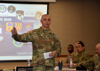 Command Sgt. Maj. John W. Foley, command sergeant major, U.S. Army Space and Missile Defense Command, gives updates on the newly established military occupational specialty 40D, Space Operations Specialist, for enlisted Soldiers in the grades of E-4 to to E-9 during the annual Army Space Operations Training Forum, Jan. 21-23, at Peterson Space Force Base, Colo.
