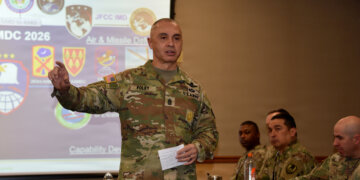 Command Sgt. Maj. John W. Foley, command sergeant major, U.S. Army Space and Missile Defense Command, gives updates on the newly established military occupational specialty 40D, Space Operations Specialist, for enlisted Soldiers in the grades of E-4 to to E-9 during the annual Army Space Operations Training Forum, Jan. 21-23, at Peterson Space Force Base, Colo.