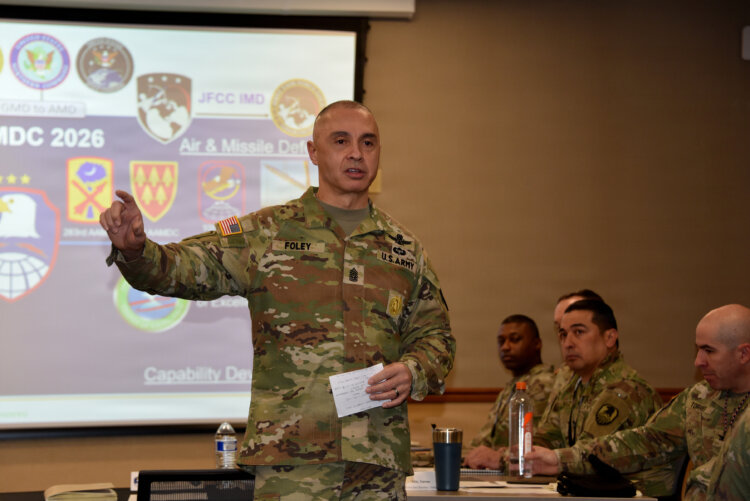 Command Sgt. Maj. John W. Foley, command sergeant major, U.S. Army Space and Missile Defense Command, gives updates on the newly established military occupational specialty 40D, Space Operations Specialist, for enlisted Soldiers in the grades of E-4 to to E-9 during the annual Army Space Operations Training Forum, Jan. 21-23, at Peterson Space Force Base, Colo.