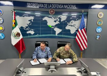 Army Maj. Gen. Matthew Beevers, adjutant general of the California National Guard, right, and Maj. Gen. Javier Sandoval Duenas, deputy chief of Military Doctrine of the National Defense Joint Headquarters Staff, sign a Letter of Intent formalizing an agreement for Mexico to join California as part the National Guard’s State Partnership Program on Oct. 28, 2025, in Mexico City. Photo by Capt. Jonathan Beck/DVIDS